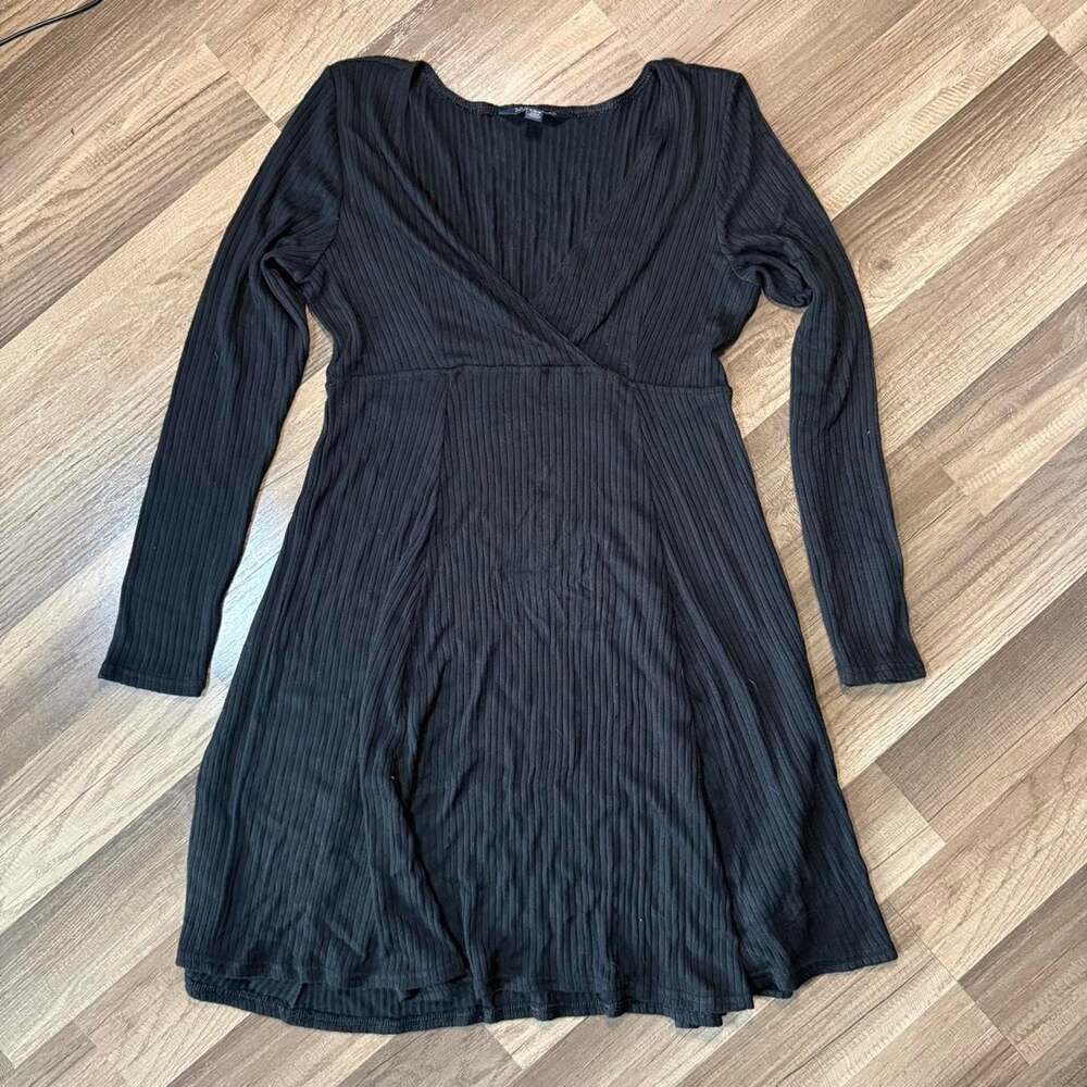 American Eagle Soft & Sexy Black Ribbed Long Sleeve Wrap Dress Large